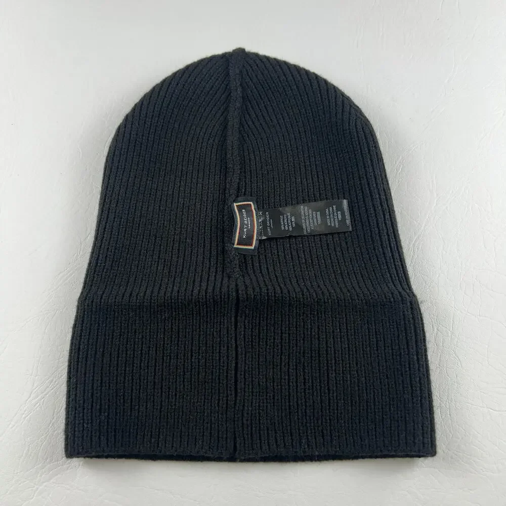 Kurt Geiger London Black Ribbed Knit Beanie Multicolor Logo Patch Cuffed Hat